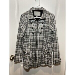 Vanity Womens Gray Plaid Military Zip Up Jacket Fleece‎ Coat Crest Buttons Large